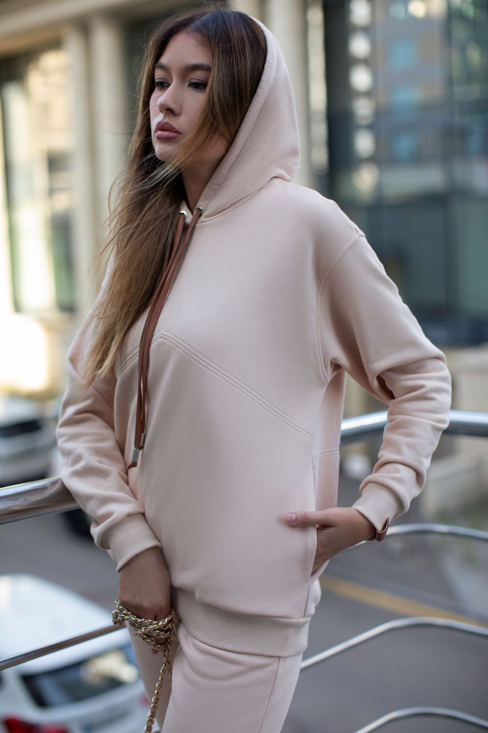 Beige sports suit with a hood